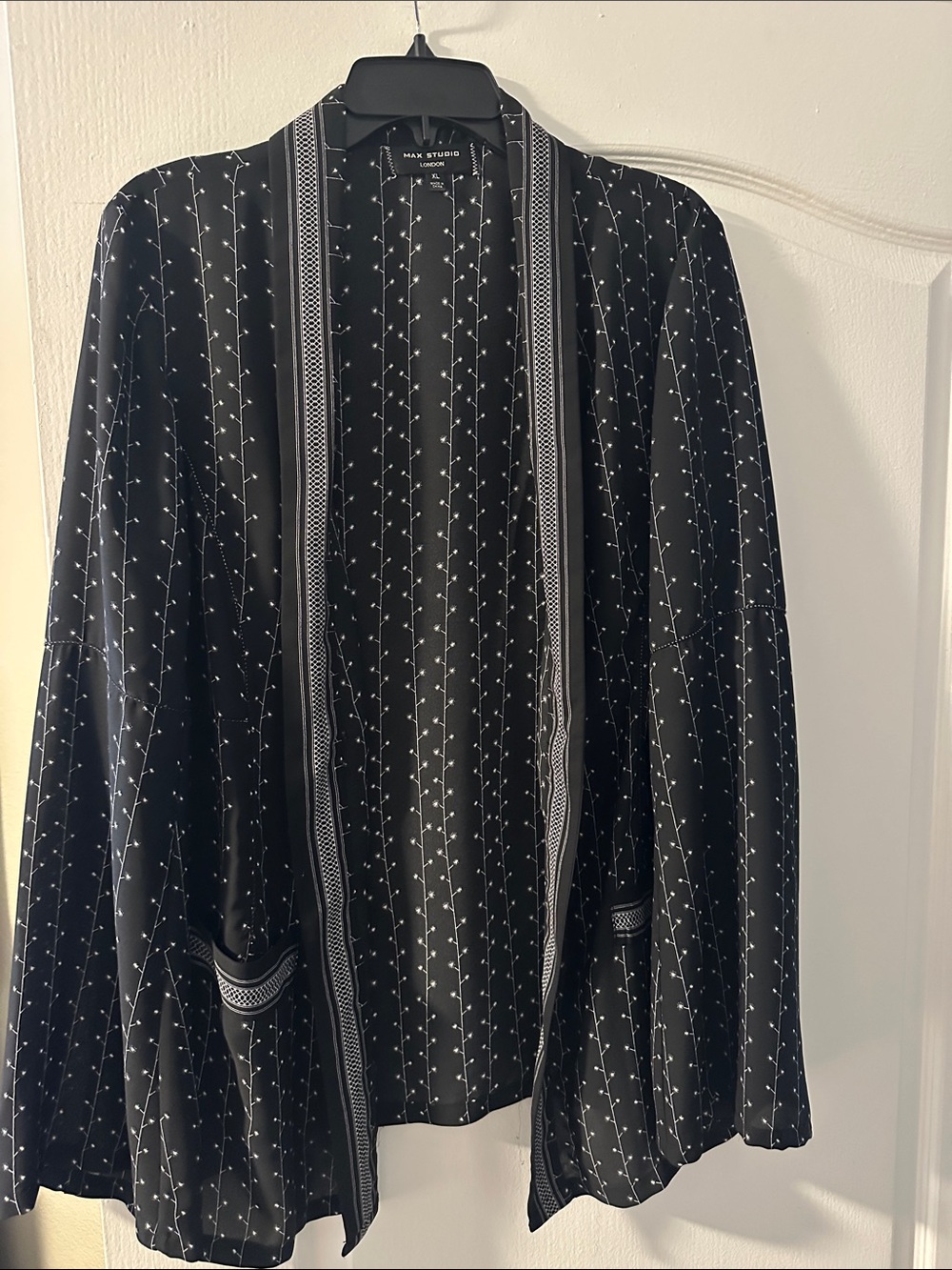 Max Studio Black Open Cardigan with White Dot Vine Print